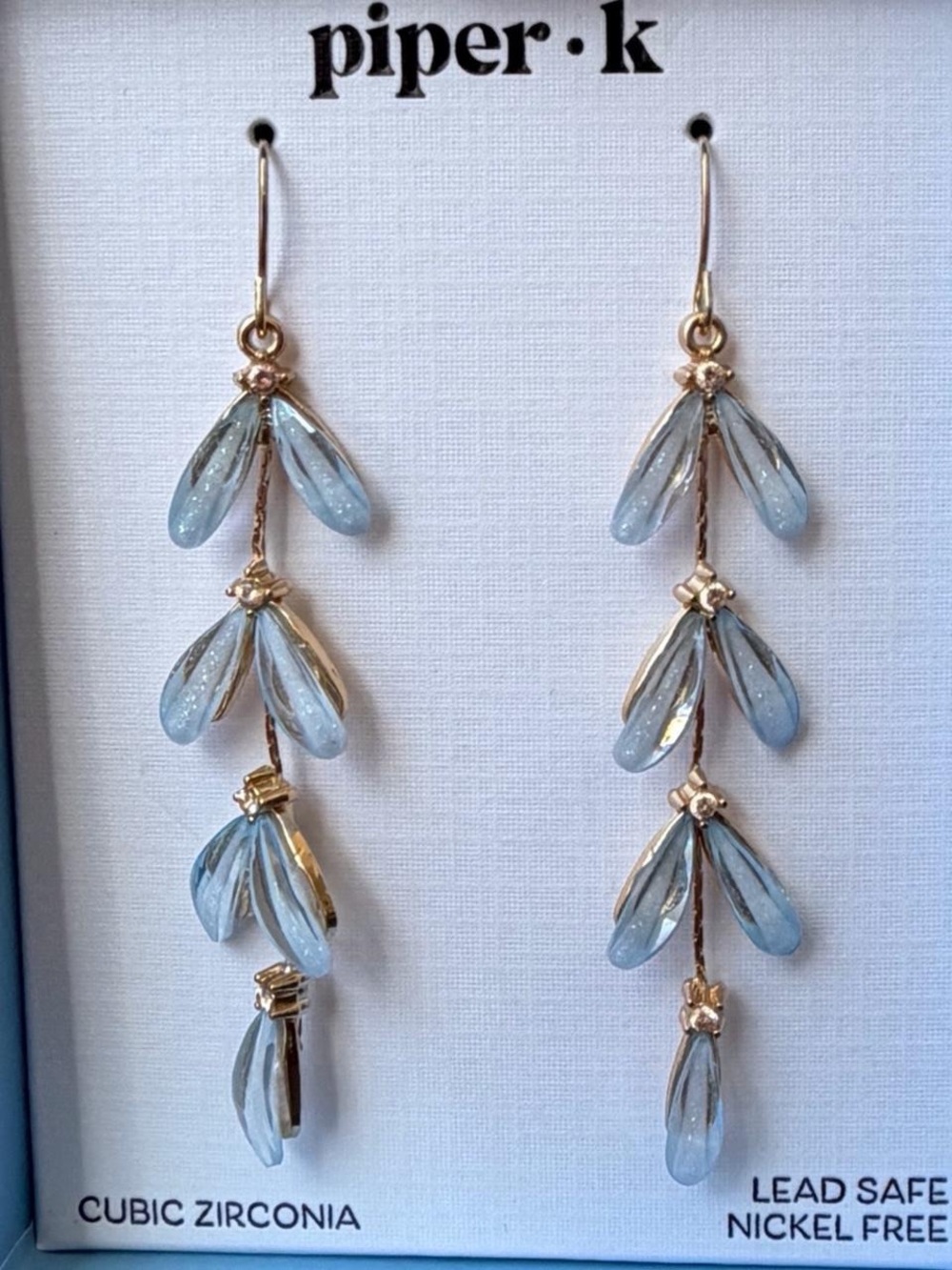 Gold Tone Earrings with Pale Blue Teardrop Drops